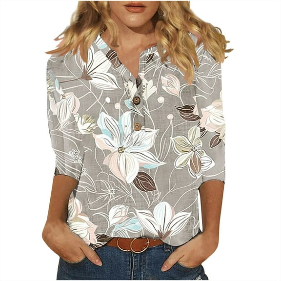 Charella Rayon Graphic Tee Shirts for Women Loose 3/4 Length Sleeve Summer Floral Tops Buttons Henley T Shirt (Medium, Gray)
