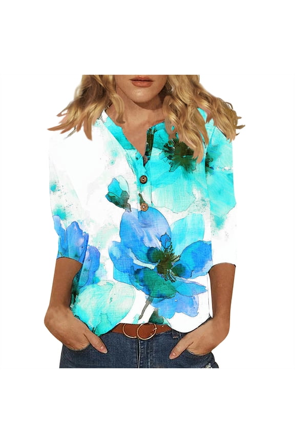Rayon Graphic Tee Shirts for Women Loose 3/4 Length Sleeve Summer Floral Tops Buttons Henley T Shirt (XX-Large, Green 02)
