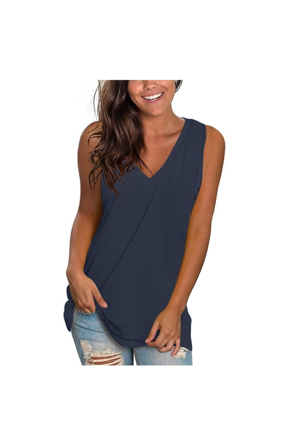 Rayon Tank Tops Ladies Summer Loose Fit Solid Color Sleeveless V Neck Casual Tunics Cotton T-shirts (2XL, Navy)