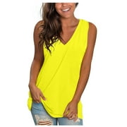 Charella Rayon Tank Tops Ladies Summer Loose Fit Solid Color Sleeveless V Neck Casual Tunics Cotton T-shirts (XL, Yellow)