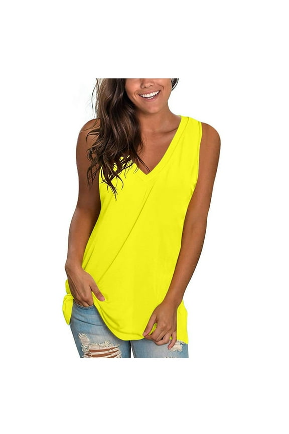 Rayon Tank Tops Ladies Summer Loose Fit Solid Color Sleeveless V Neck Casual Tunics Cotton T-shirts (XL, Yellow)
