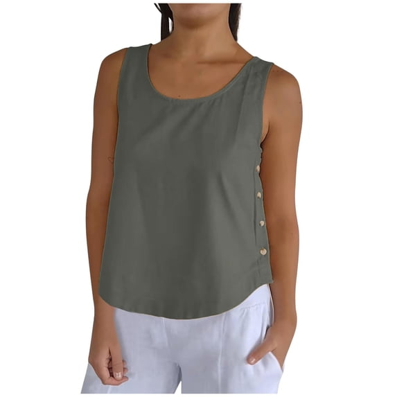 Charella Rayon Tank Tops for Women with Side Buttons Scoop Neck Sleeveless Summer Casual Solid Crop Tees Loose Fit (3X-Large, Army Green)