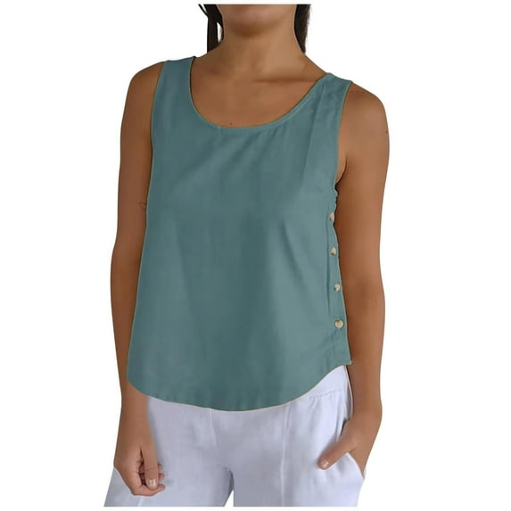 Charella Rayon Tank Tops for Women with Side Buttons Scoop Neck Sleeveless Summer Casual Solid Crop Tees Loose Fit (3X-Large, Light Blue)