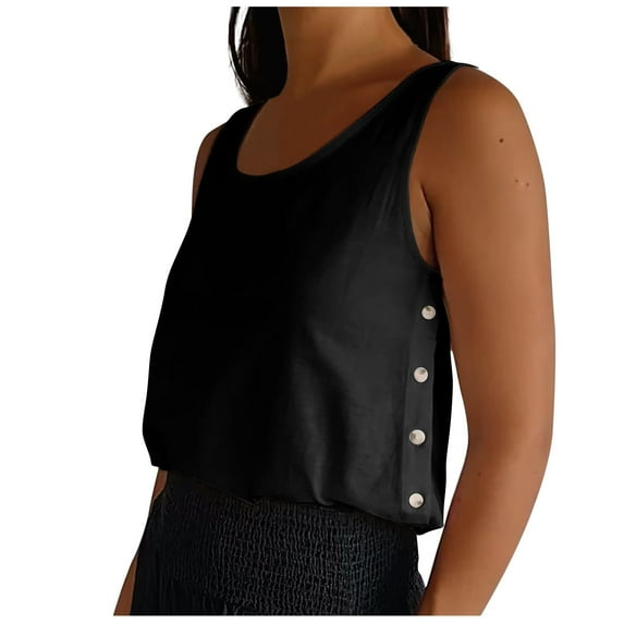 Charella Rayon Tank Tops for Women with Side Buttons Scoop Neck Sleeveless Summer Casual Solid Crop Tees Loose Fit (Medium, Black)