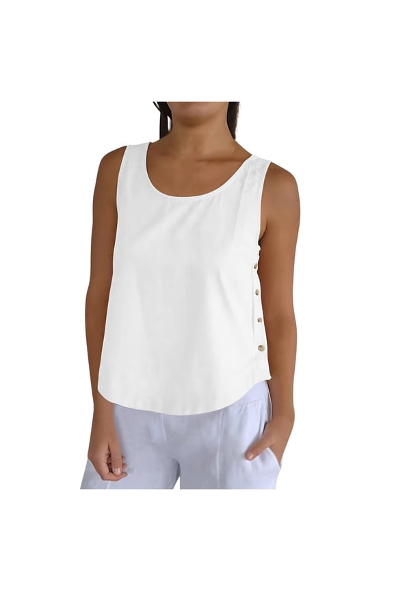 Rayon Tank Tops for Women with Side Buttons Scoop Neck Sleeveless Summer Casual Solid Crop Tees Loose Fit (Small, White)