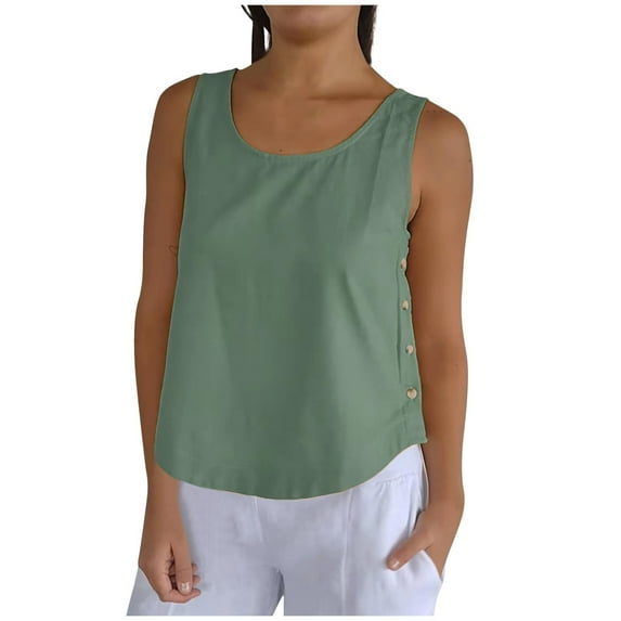 Charella Rayon Tank Tops for Women with Side Buttons Scoop Neck Sleeveless Summer Casual Solid Crop Tees Loose Fit (X-Large, Green)