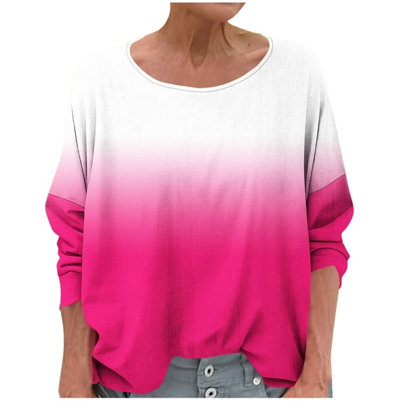 Charella Shirts for Women Oversized Long Sleeve Gradient Color Tops Casual Loose Fit Crew Neck Basic Tee (M, Hot Pink)