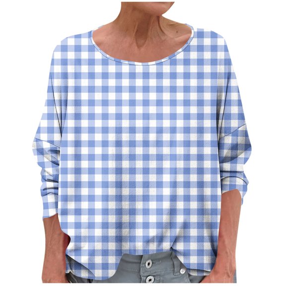 Charella Shirts for Women Oversized Long Sleeve Plaid Printed Tops Casual Loose Fit Crew Neck Basic Tee (2XL, Light Blue)