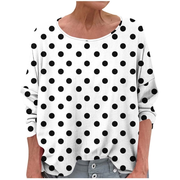 Charella Shirts for Women Oversized Long Sleeve Polka Dots Tops Casual Loose Fit Crew Neck Basic Tee (S, White)