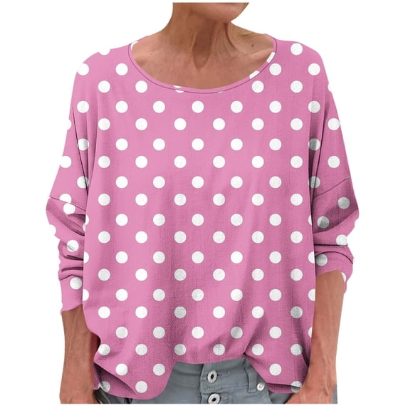 Charella Shirts for Women Oversized Long Sleeve Polka Dots Tops Casual Loose Fit Crew Neck Basic Tee (XL, Pink 2)