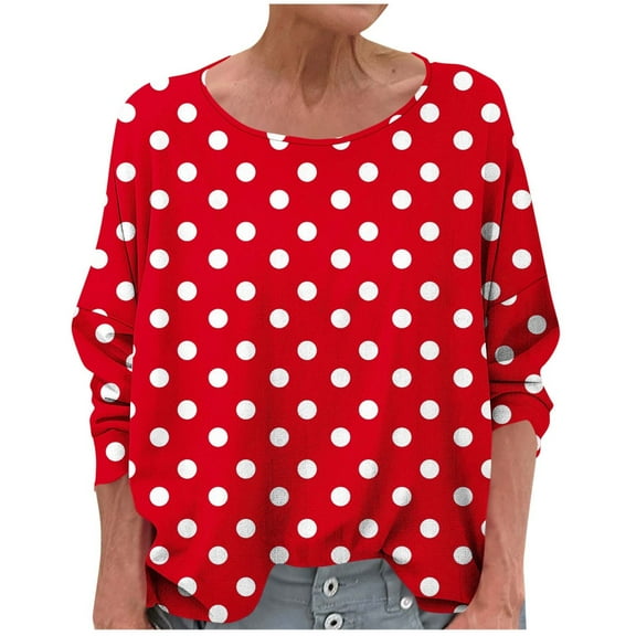 Charella Shirts for Women Oversized Long Sleeve Polka Dots Tops Casual Loose Fit Crew Neck Basic Tee (XL, Red 1)