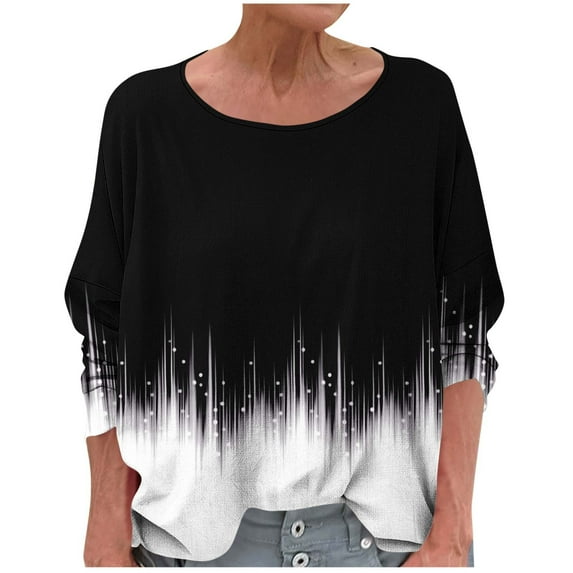 Charella Shirts for Women Oversized Long Sleeve Printed Tops Casual Loose Fit Blouses Crew Neck Basic Tee (XL, Black 1)