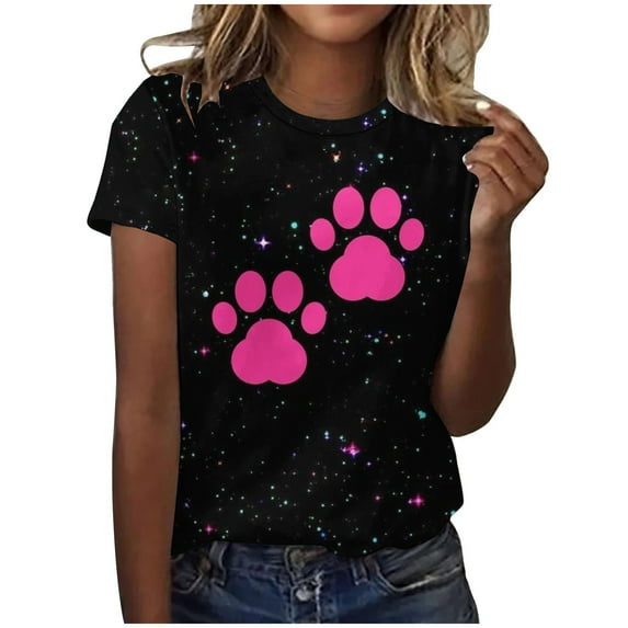 Charella Short Sleeve Shirts for Women Dog Paw Printed Crewneck T-shirts 2024 Spring Summer Clothes,Black,M