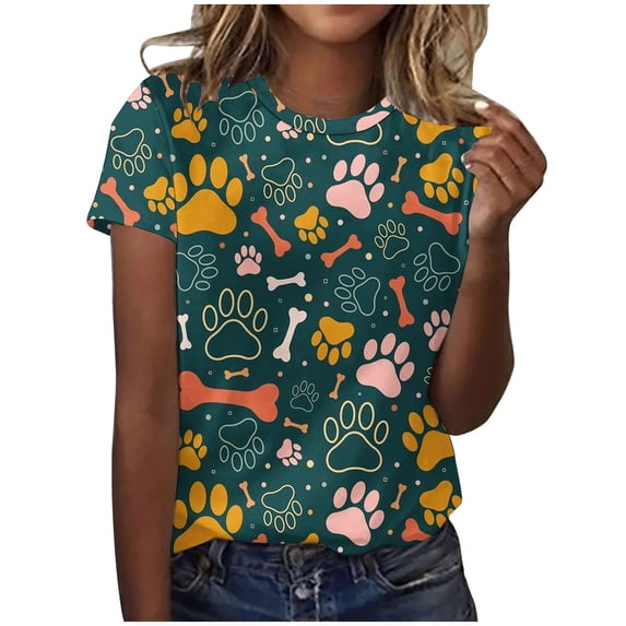 Charella Short Sleeve Shirts for Women Dog Paw Printed Crewneck T-shirts 2024 Spring Summer Clothes,Green,M