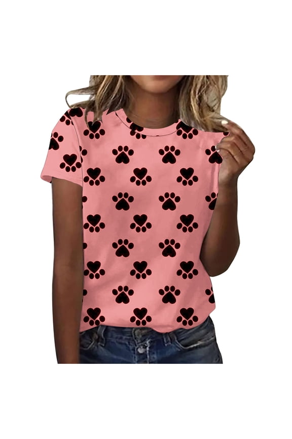 Short Sleeve Shirts for Women Dog Paw Printed Crewneck T-shirts 2025 Spring Summer Clothes,Pink,2XL
