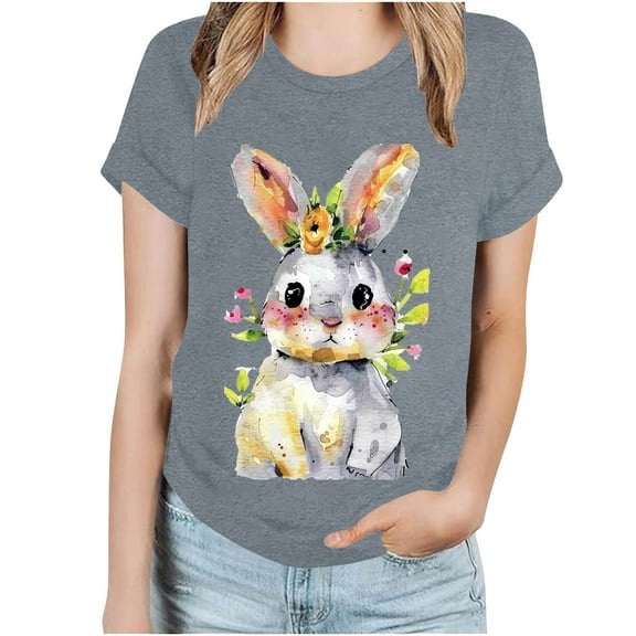 Charella Short Sleeve Shirts for Women Easter Decorations Crewneck T-shirts 2025 Trendy Clothes,Gray,XXXL
