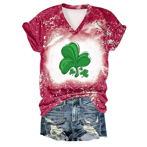 Charella Short Sleeve Shirts for Women St Patricks Day Decorations V-Neck Tops 2024 Gifts for Her,Red,S