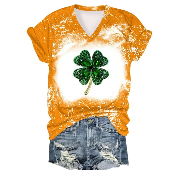Charella Short Sleeve Shirts for Women St Patricks Day Decorations V-Neck Tops 2024 Gifts for Her,Yellow,XL