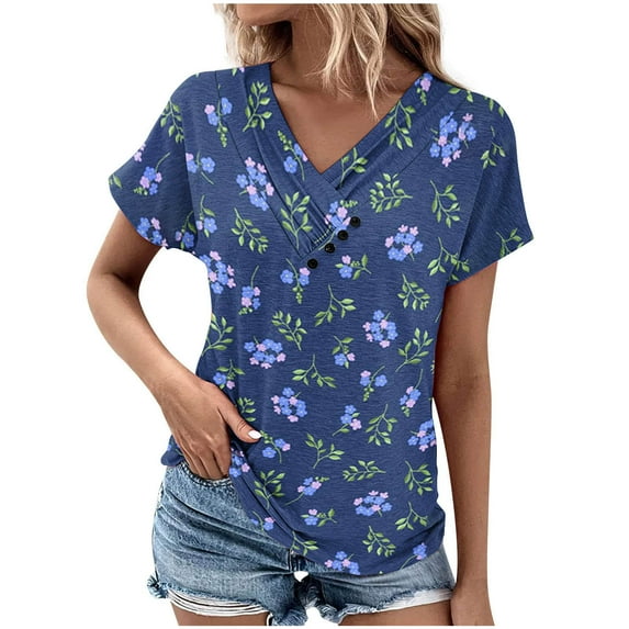 Charella Short Sleeve Shirts for Women V-Neck Button Up Tops 2025 Spring and Summer T-shirt,Multicolor,2XL