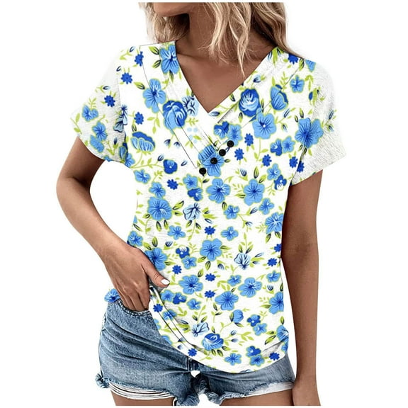 Charella Short Sleeve Shirts for Women V-Neck Button Up Tops 2025 Spring and Summer T-shirt,Multicolor,XXXL