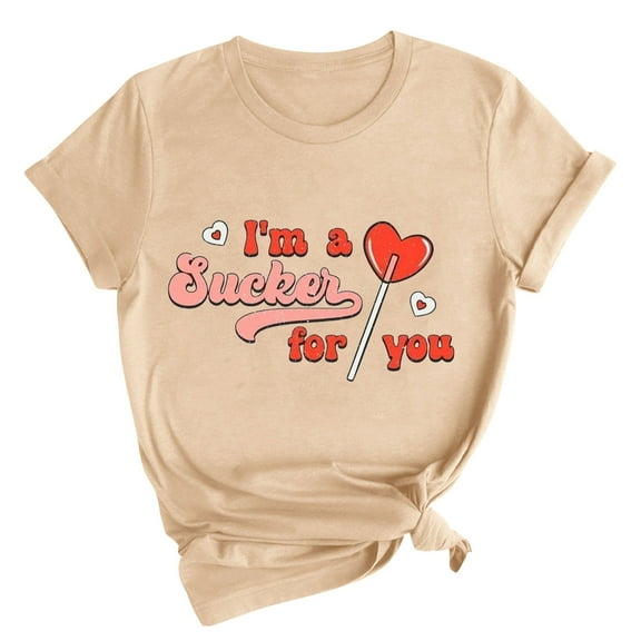 Charella Short Sleeve Shirts for Women Valentines Day Gifts Crewneck Fashion Print T-shirts Loose Fit Tops,Beige,L