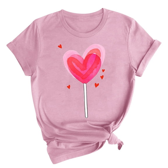 Charella Short Sleeve Shirts for Women Valentines Day Gifts Crewneck Fashion Print T-shirts Loose Fit Tops,Pink,XXXL