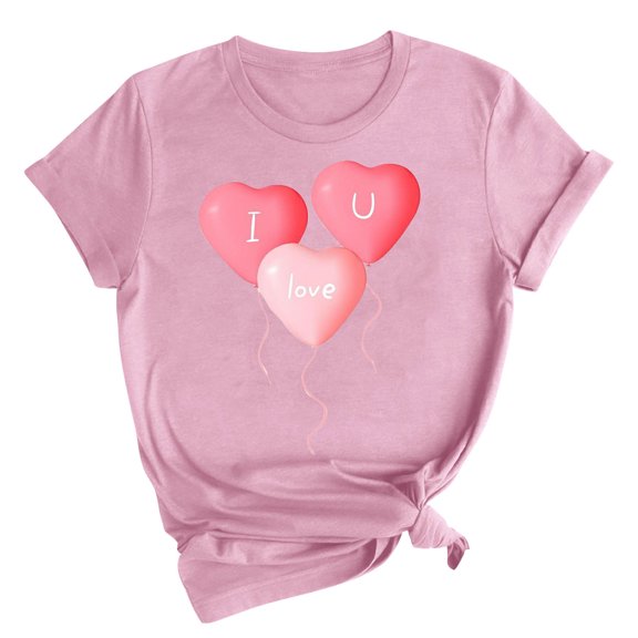 Charella Short Sleeve Shirts for Women Valentines Day Gifts Crewneck Fashion Print T-shirts Loose Fit Tops,Pink,XXXL