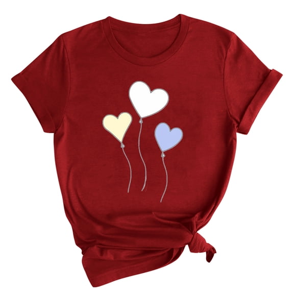 Charella Short Sleeve Shirts for Women Valentines Day Gifts Crewneck Fashion Print T-shirts Loose Fit Tops,Red,XL