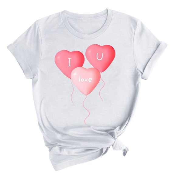 Charella Short Sleeve Shirts for Women Valentines Day Gifts Crewneck Fashion Print T-shirts Loose Fit Tops,White,M