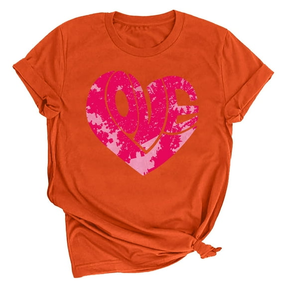 Charella Short Sleeve T Shirts for Women Crewneck Cute T-shirts Trendy Tops Valentines Day Gifts,Orange,XXL