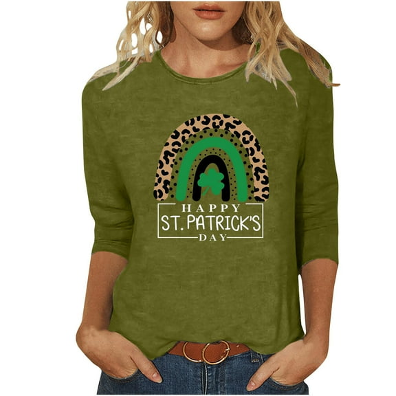 Charella St Patricks Day Shirt Women 3/4 Length Sleeve Tops Crewneck T-shirt 2025 Trendy Clothes,Army Green,L
