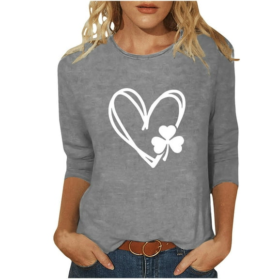 Charella St Patricks Day Shirt Women 3/4 Length Sleeve Tops Crewneck T-shirt 2025 Trendy Clothes,Gray,XL