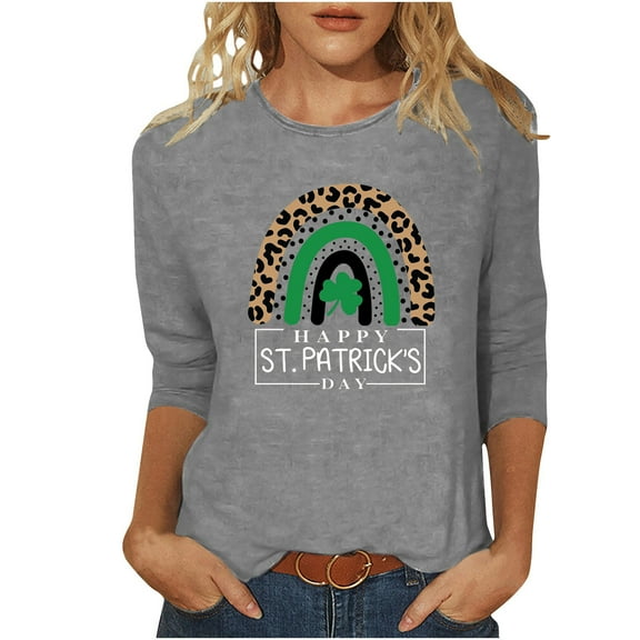 Charella St Patricks Day Shirt Women 3/4 Length Sleeve Tops Crewneck T-shirt 2025 Trendy Clothes,Gray,XXXXL