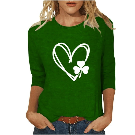 Charella St Patricks Day Shirt Women 3/4 Length Sleeve Tops Crewneck T-shirt 2025 Trendy Clothes,Green,XL