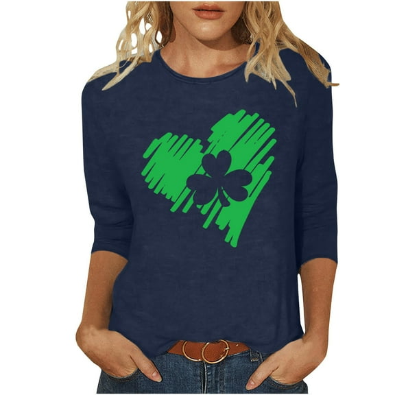 Charella St Patricks Day Shirt Women 3/4 Length Sleeve Tops Crewneck T-shirt 2025 Trendy Clothes,Navy,XXL