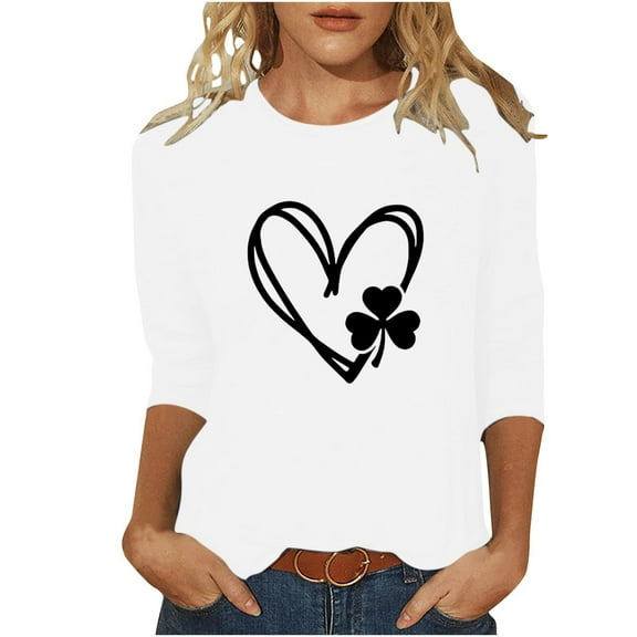 Charella St Patricks Day Shirt Women 3/4 Length Sleeve Tops Crewneck T-shirt 2025 Trendy Clothes,White,XXL