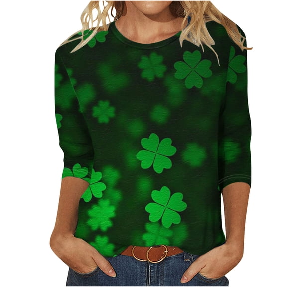 Charella St Patricks Day Shirt for Women 3/4 Length Sleeve Womens Tops Crewneck T-shirt Spring Fashion Clothes,Black,XL