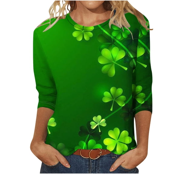 Charella St Patricks Day Shirt for Women 3/4 Length Sleeve Womens Tops Crewneck T-shirt Spring Fashion Clothes,Green,XXXXL