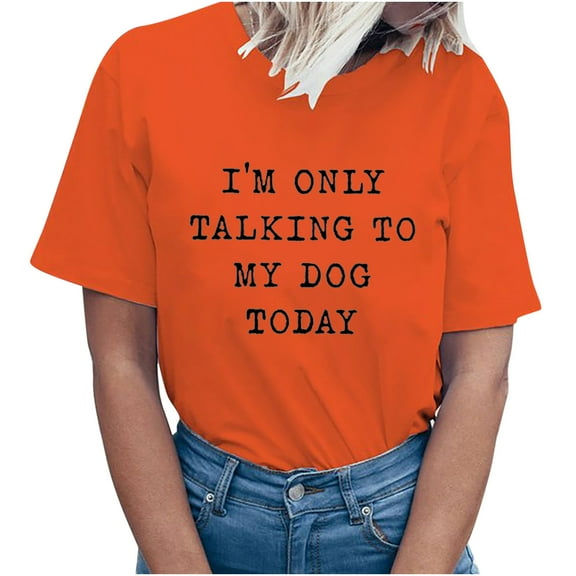 Charella Summer Tops Letter Print Tees for Women Summer Short Sleeve Cute Crew Neck Shirts Classic Casual Basic Tops (M, Orange 2)