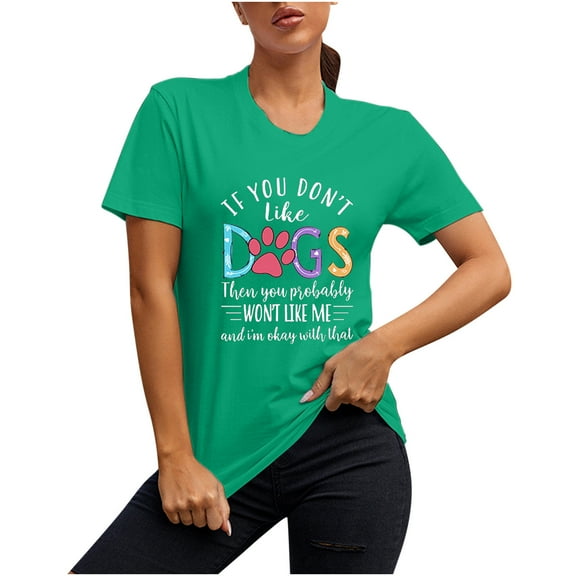 Charella Summer Tops T Shirts Women's Graphic Letter Print Short Sleeve Cotton Tees Summer Cute Crew Neck Loose Tops (M, Green 1)