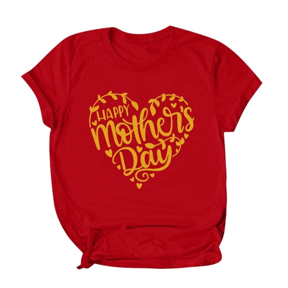 Charella Summer Tops Tees for Women Summer Letter Print Hearts Short Sleeve Shirts Crew Neck Casual Loose Tops (M, Red)