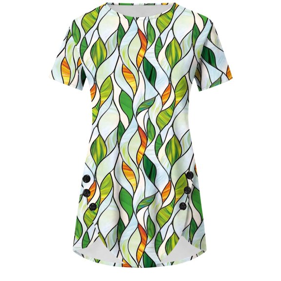 Charella Summer Tops for Women Asymmetrical Button Hem Crew Neck Shirts Casual Short Sleeve Tee Loose Fit Clothes (XL, Green)
