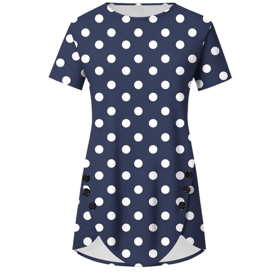 Charella Summer Tops for Women Asymmetrical Button Hem Crew Neck Shirts Casual Short Sleeve Tee Loose Fit Clothes (XL, Navy)