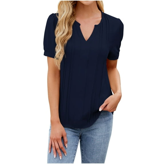 Charella Summer Tops for Women V Neck Pleated Puff Short Sleeve Blouses Casual Fashion Tees Solid Color Shirts (L, Navy)