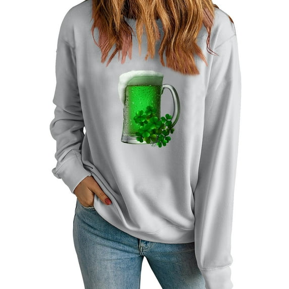 Charella Sweatshirts for Women St Patricks Day Decorations Long Sleeve Crewneck Tops 2024 Trendy T-shirt,Gray,XS