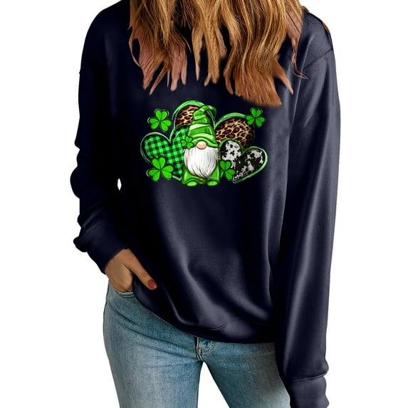 Charella Sweatshirts for Women St Patricks Day Decorations Long Sleeve Crewneck Tops 2024 Trendy T-shirt,Navy,L