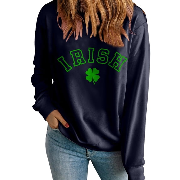 Charella Sweatshirts for Women St Patricks Day Decorations Long Sleeve Crewneck Tops 2024 Trendy T-shirt,Navy,XL