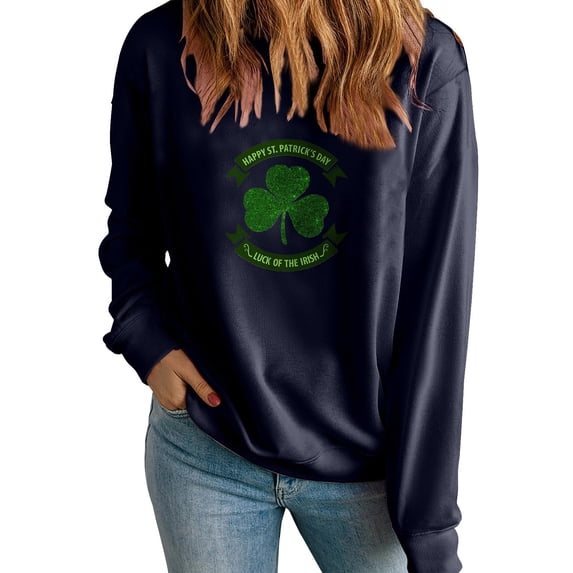 Charella Sweatshirts for Women St Patricks Day Decorations Long Sleeve Crewneck Tops 2024 Trendy T-shirt,Navy,XS