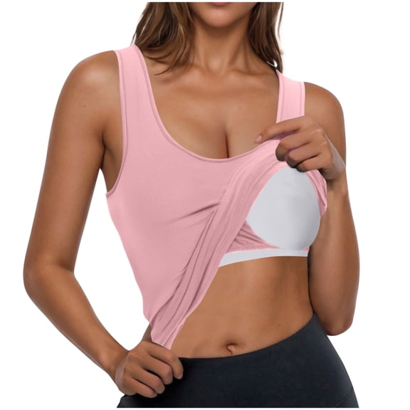 Charella Tank Top Built in Bra Women Sleeveless Scoop Neck Padded Workout Yoga Tanks Casual Summer Clothes (2XL, Pink 1)