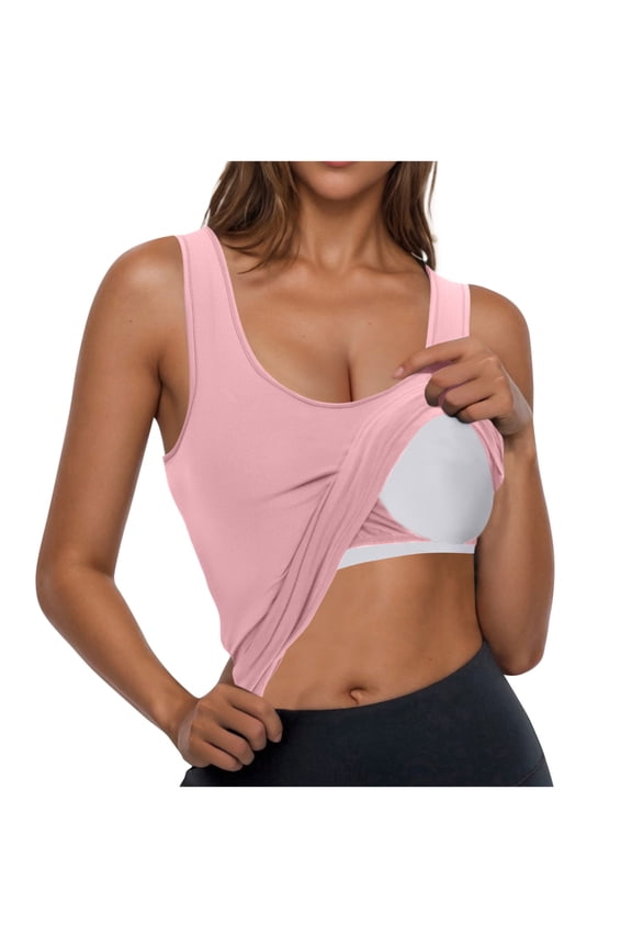 Tank Top Built in Bra Women Sleeveless Scoop Neck Padded Workout Yoga Tanks Casual Summer Clothes (S, Pink 1)